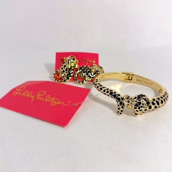 Lilly Pulitzer Jewelry - Lilly Pulitzer Gold Leopard Hinged Cuff Bracelet and Matching Post Earrings- NWT